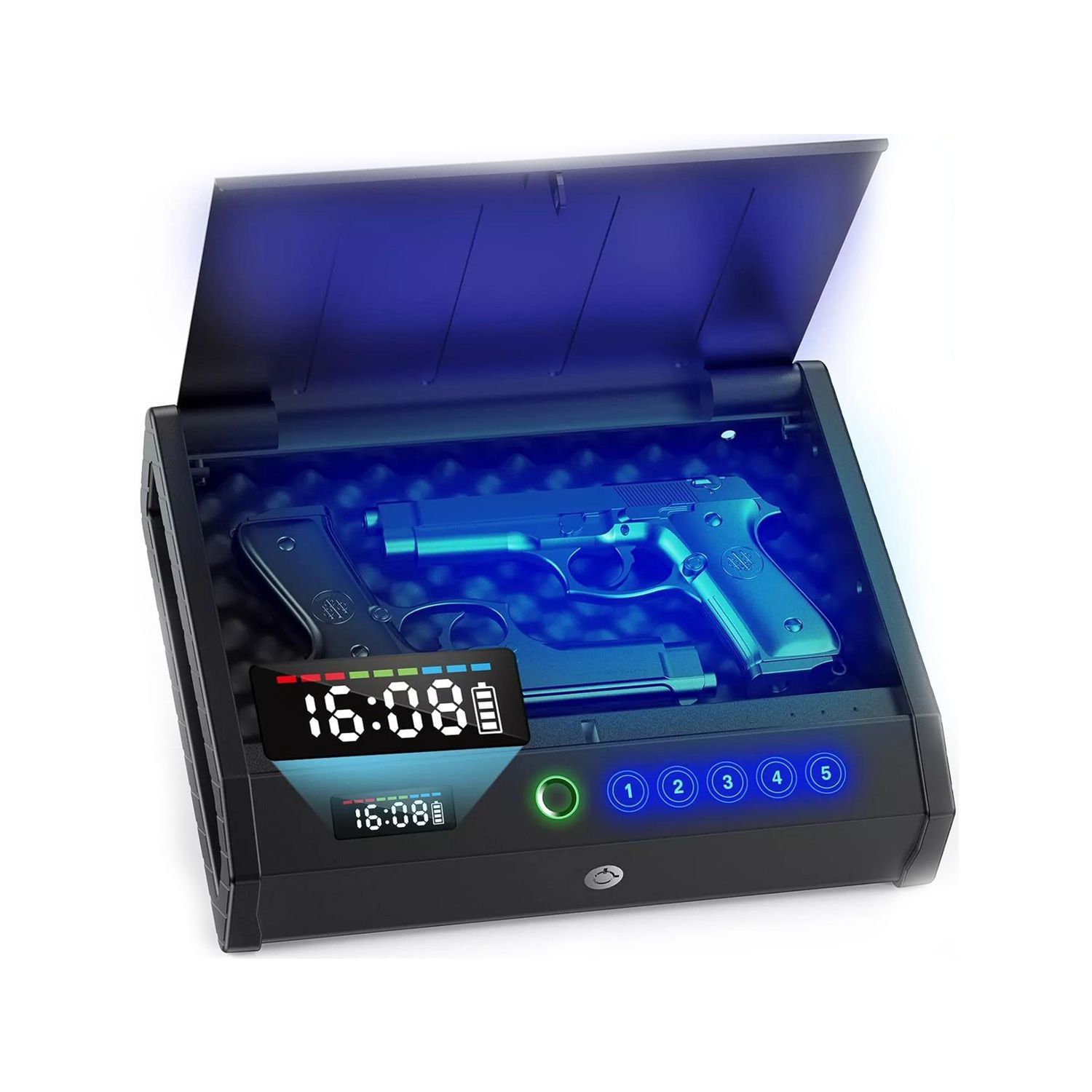 Black gun safe with open lid, two handguns inside, and digital clock display.