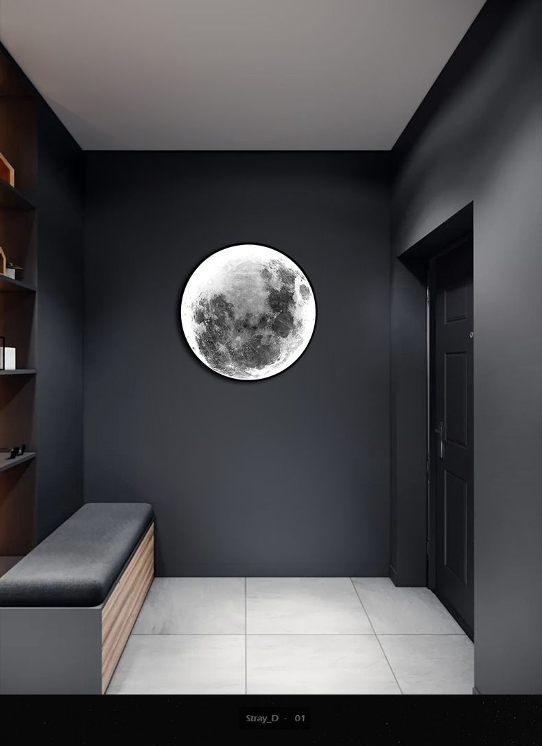 Dark hallway with a large moon art piece, bench, and door.