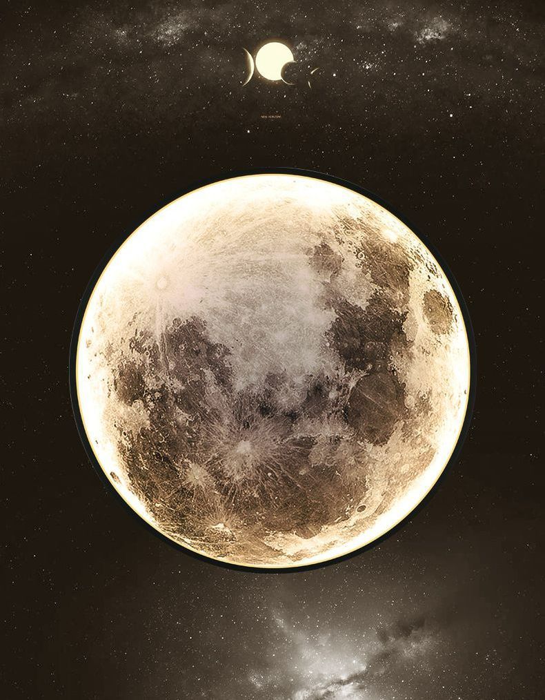 Full moon with visible craters, surrounded by a starry night sky. Above, a smaller crescent moon.