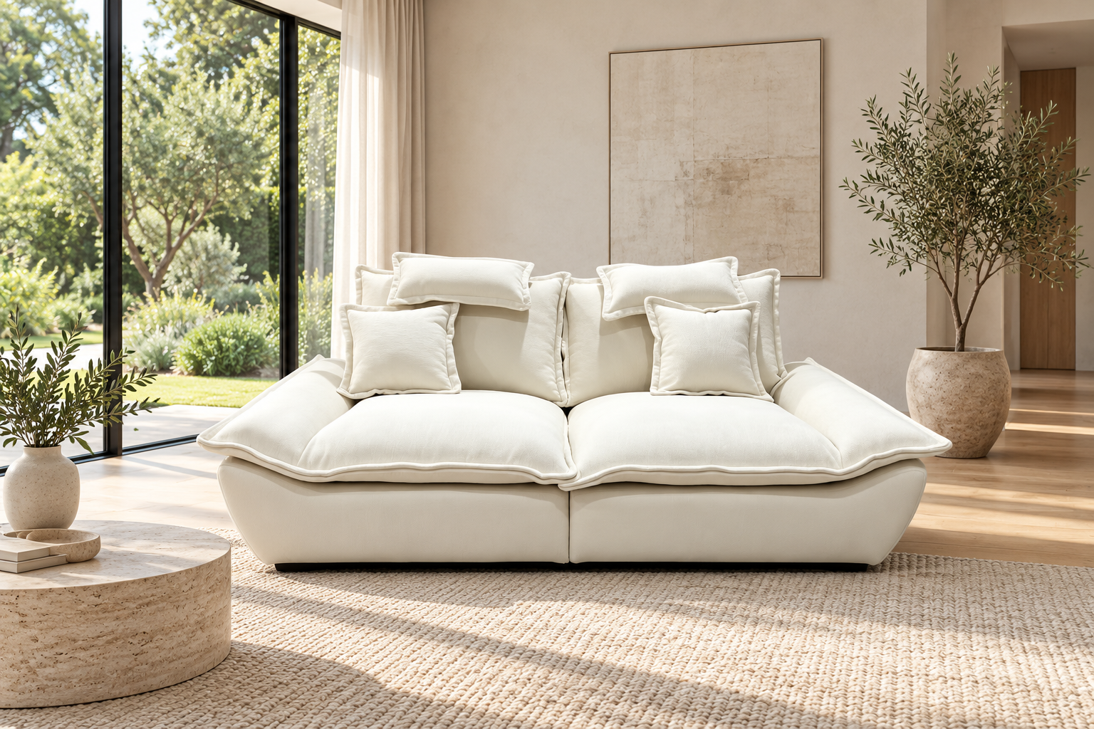 Ivory leather sofa styled in a bright contemporary living room