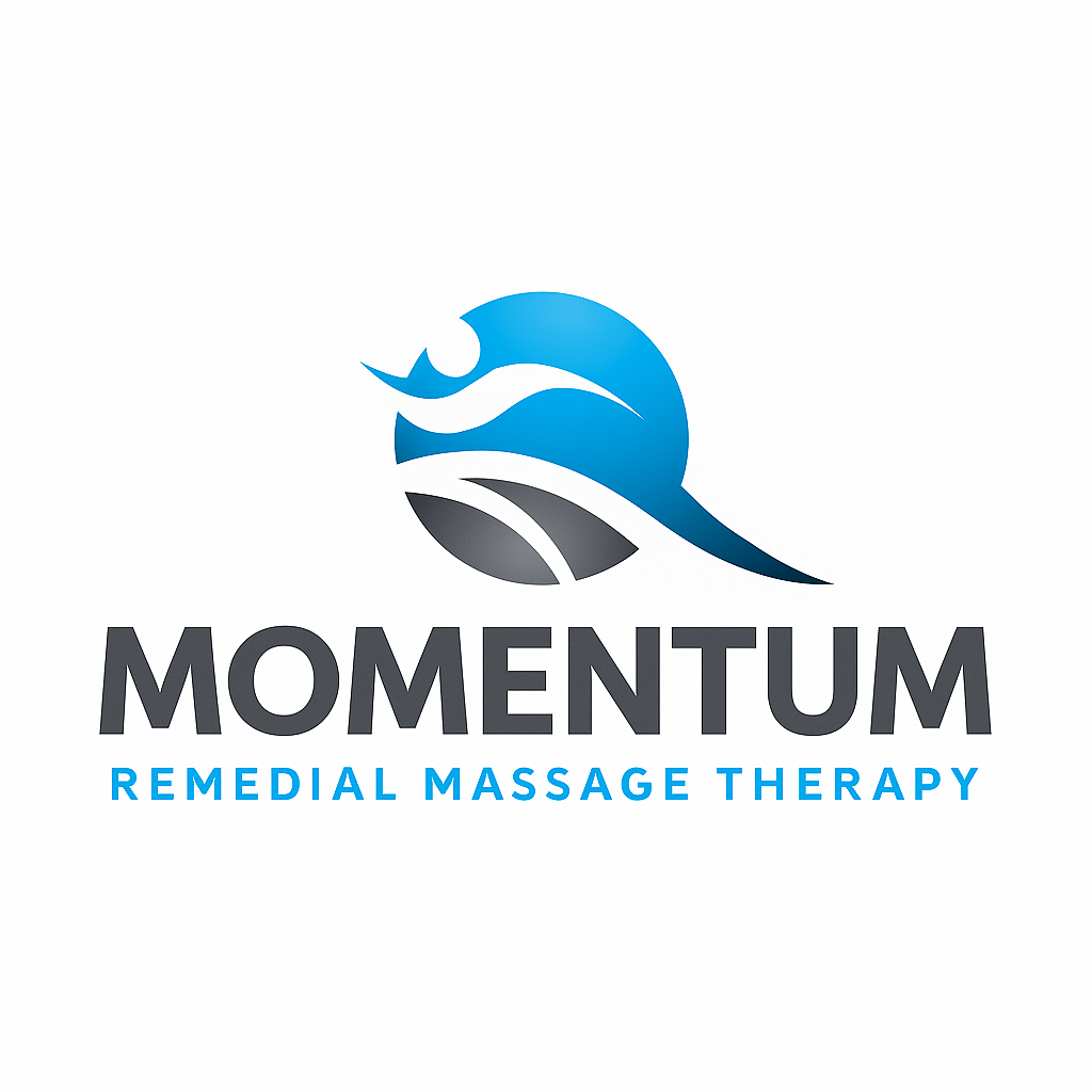 Momentum Remedial Massage Therapy logo with blue abstract figure and gray text