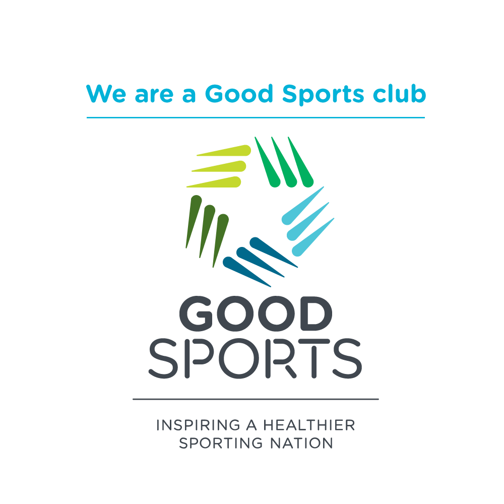Good Sports club logo with blue and green text and abstract multicolor sports emblem