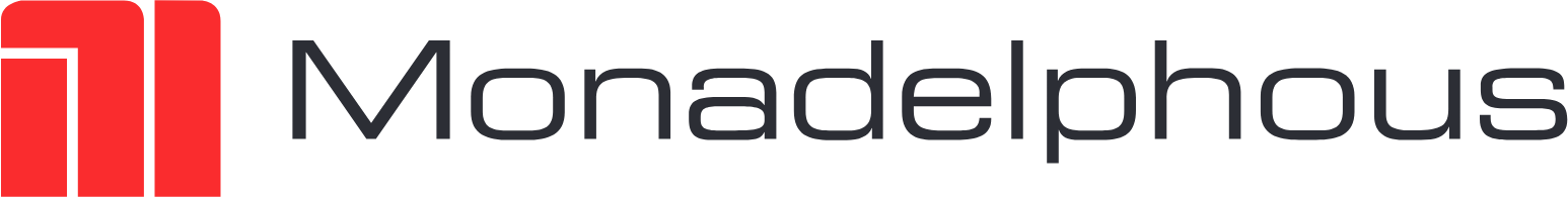 Monadelphous logo in gray and red with a red geometric mark on a white background