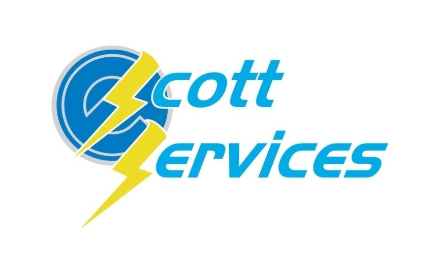 Scott Services logo in blue and yellow with a lightning bolt graphic