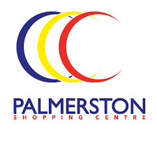 Palmerston Shopping Centre logo with overlapping blue, yellow, and red crescent shapes
