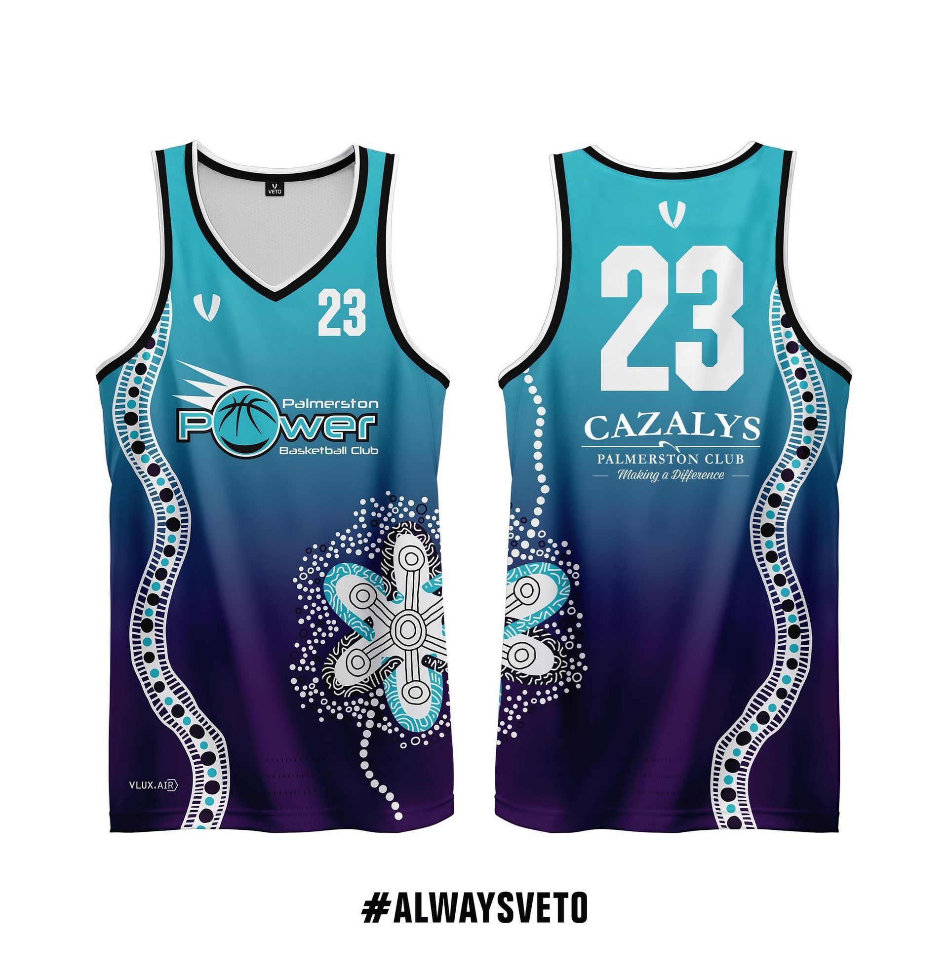 Front and back of a turquoise-to-purple sports jersey with white number 23 and floral swirl graphics