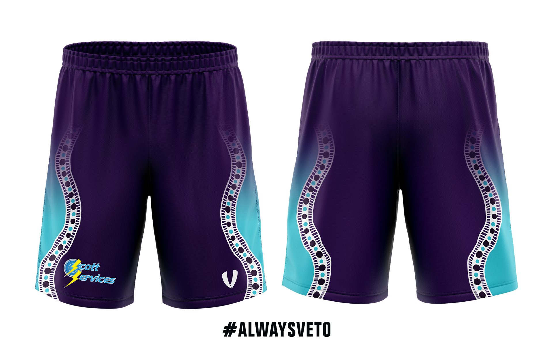 Purple athletic shorts with teal side accents, shown front and back with #ALWAYSVETO text below