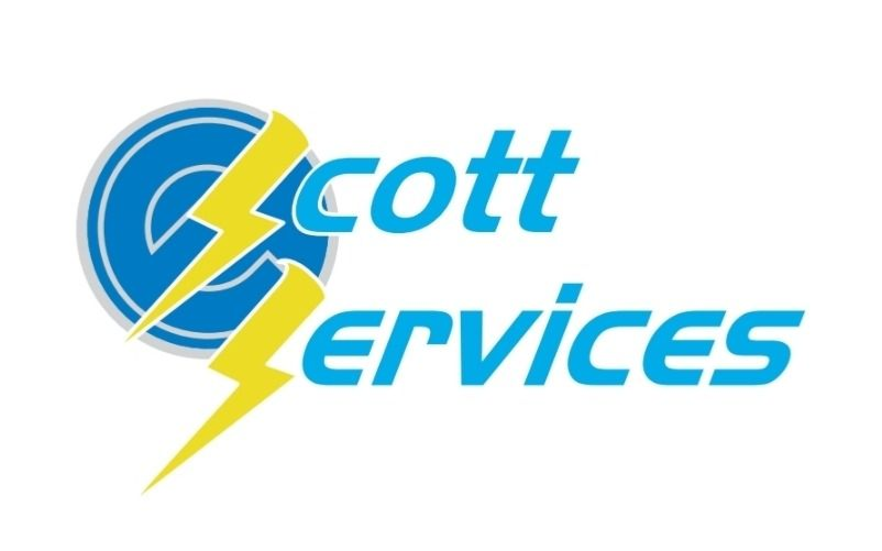 Scott Services logo with blue text and yellow lightning bolt emblem