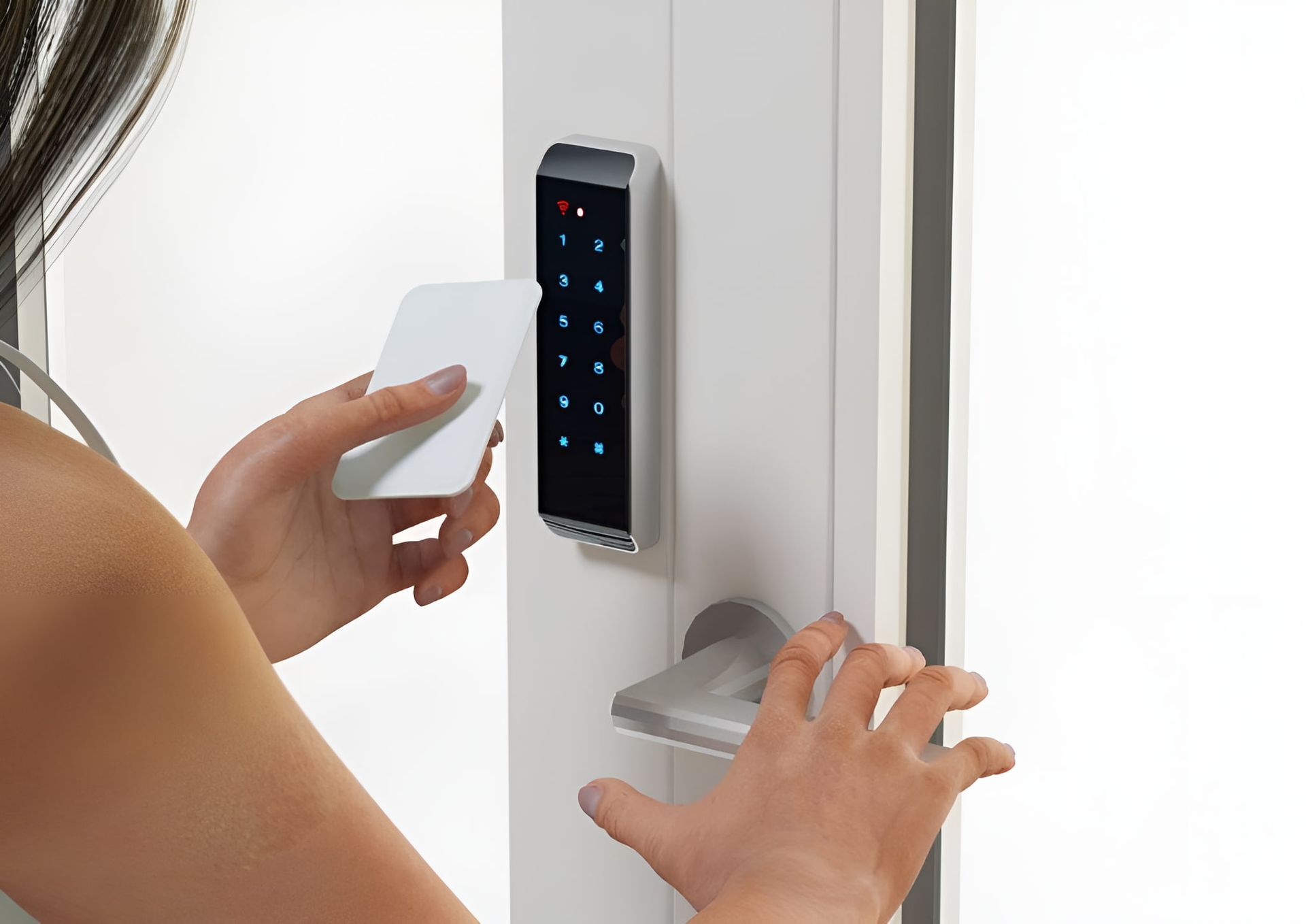 A Woman Unlocks a Door With a Keycard — CTE Systems In Tuncurry, NSW