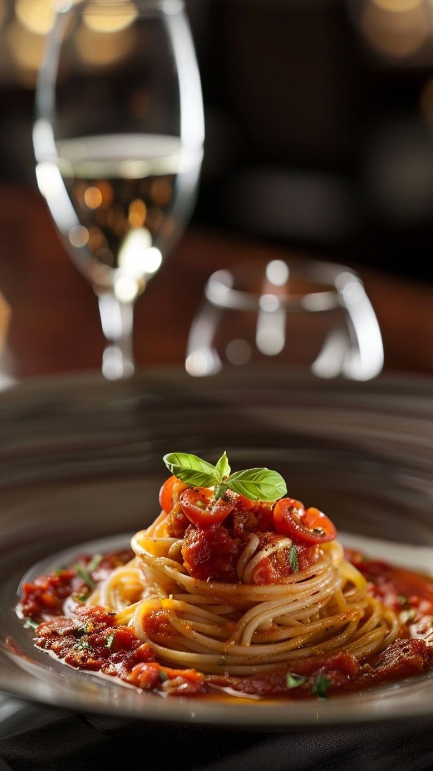 Un piatto di spaghetti al pomodoro e un bicchiere di vino sullo sfondo.