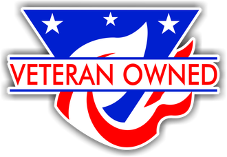Veteran Owned business logo: red, white, and blue design with stars and text.