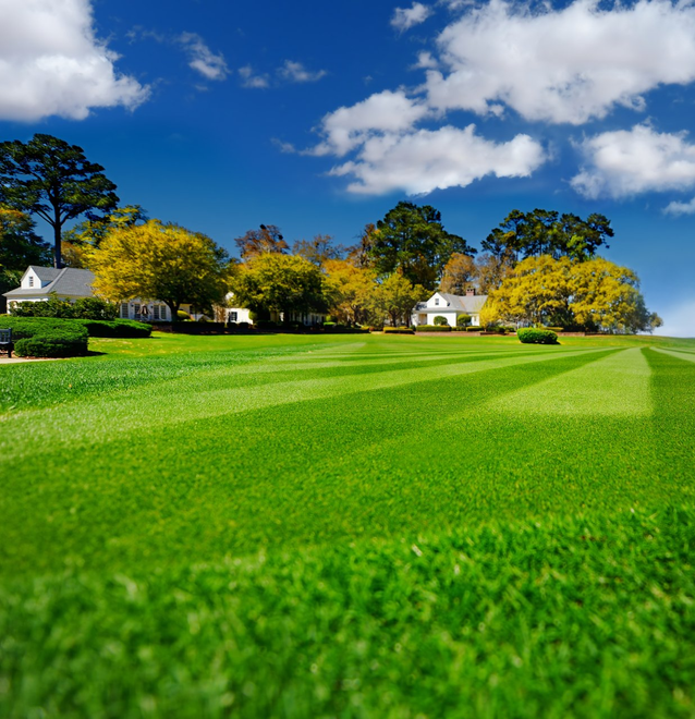 Green lawn with striped mowing pattern, houses, trees, and blue sky with clouds.