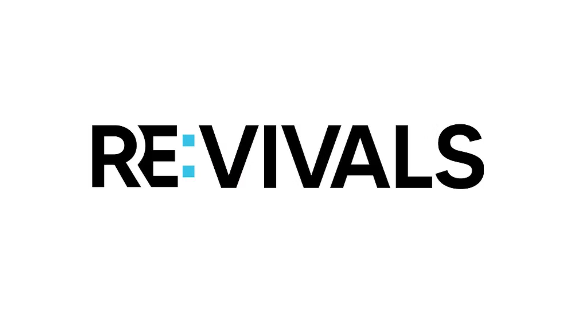 Revivals logo: black text with blue squares replacing the 