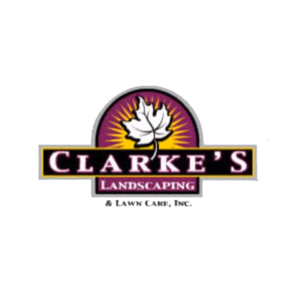 Clarke's Landscaping logo: A maple leaf over a sunburst, with text 