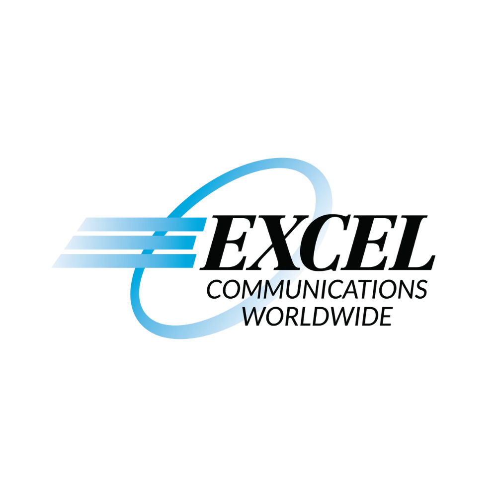 Logo for Excel Communications Worldwide: Blue swoosh and three lines over black text, 