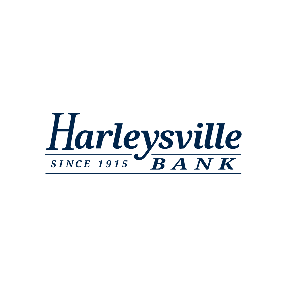 Harleysville Bank logo, navy blue text on white background. 