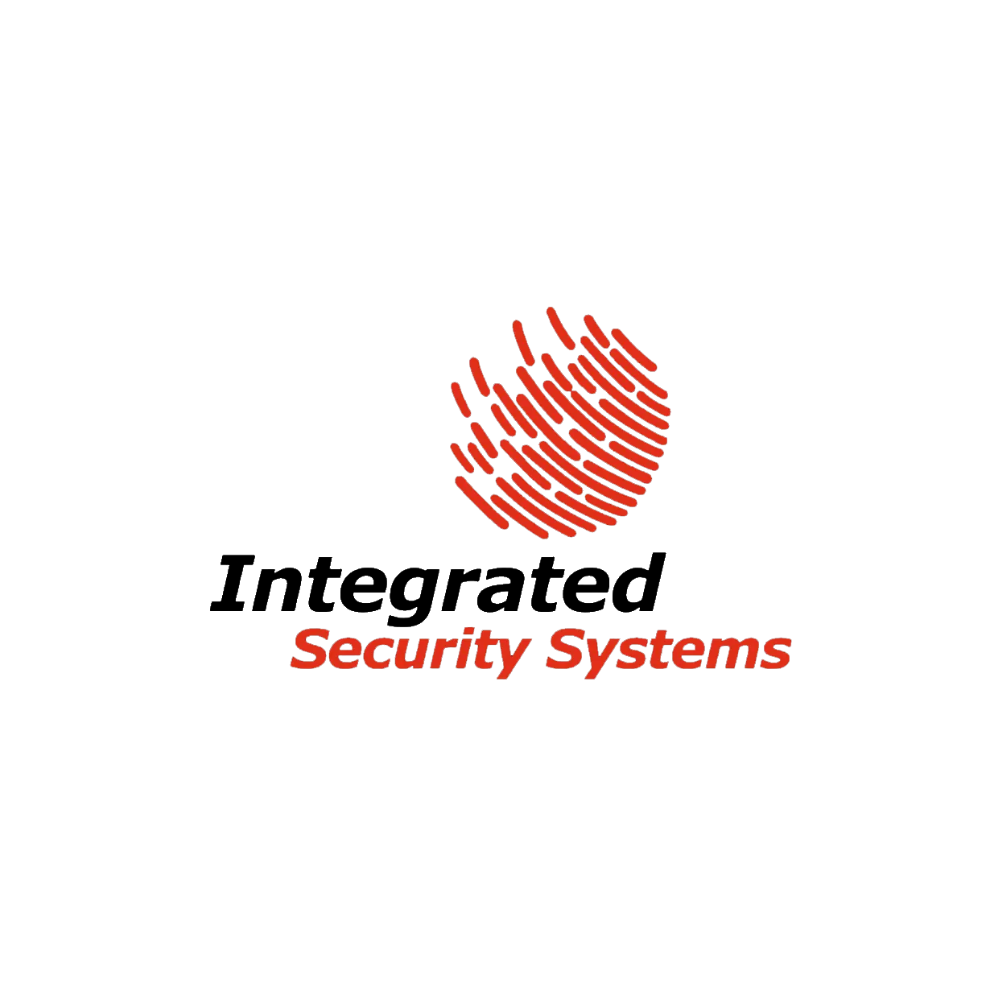 Logo for Integrated Security Systems: red fingerprint sphere above text. 