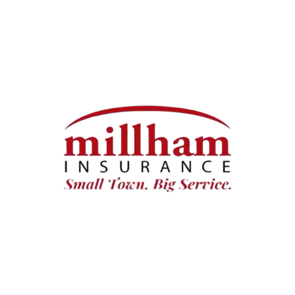 Millham Insurance logo: red arched text 