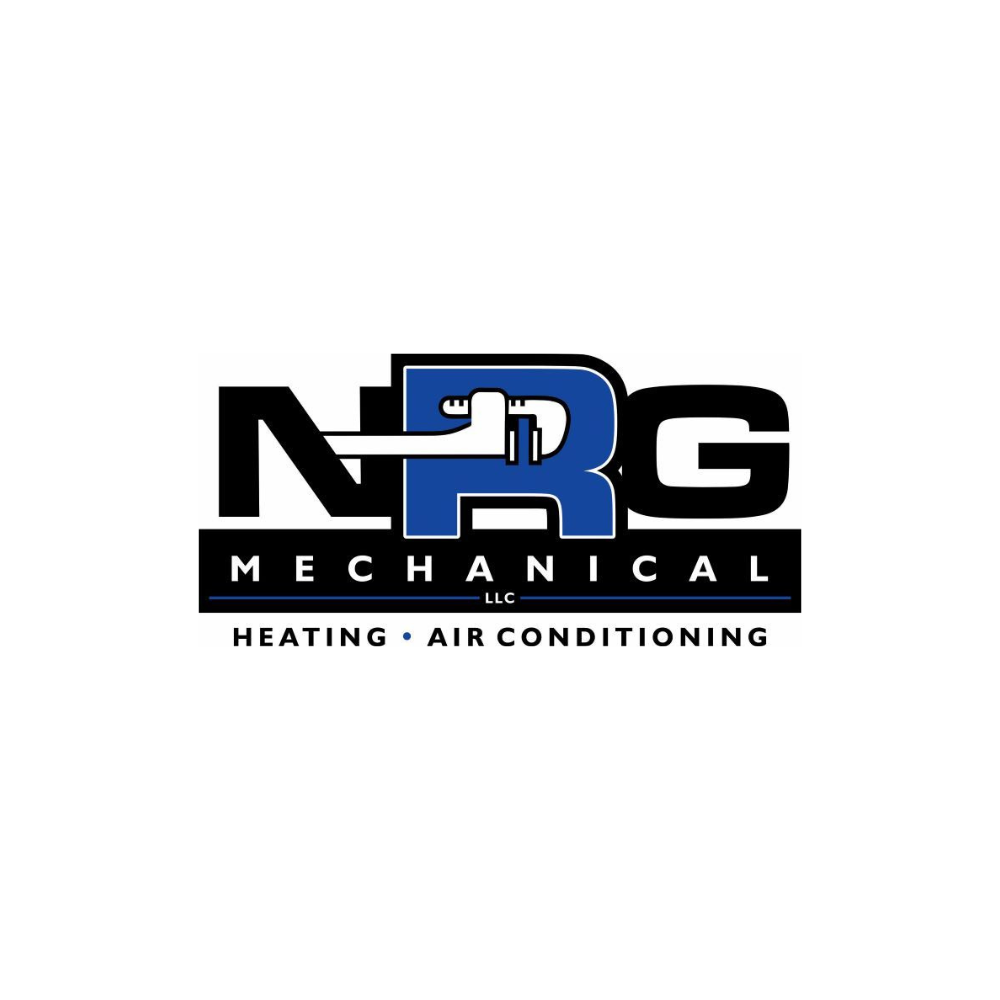 NRG Mechanical logo: black and blue block letters with mechanical tools graphic, text 