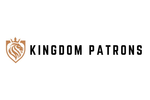 Logo for Kingdom Patrons, featuring a gold lion with a crown inside a shield, beside black text.