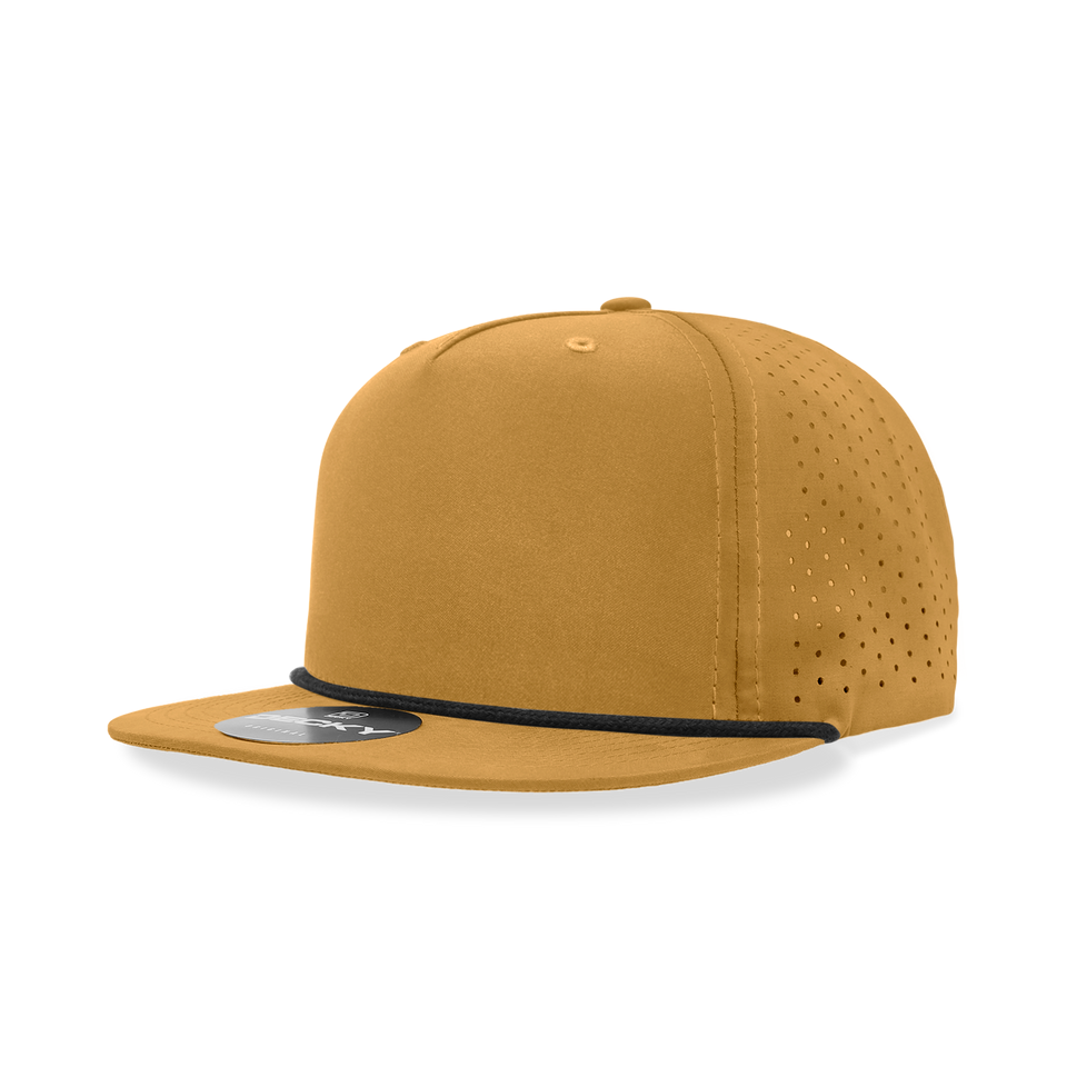 A yellow baseball cap with a black rope around the brim