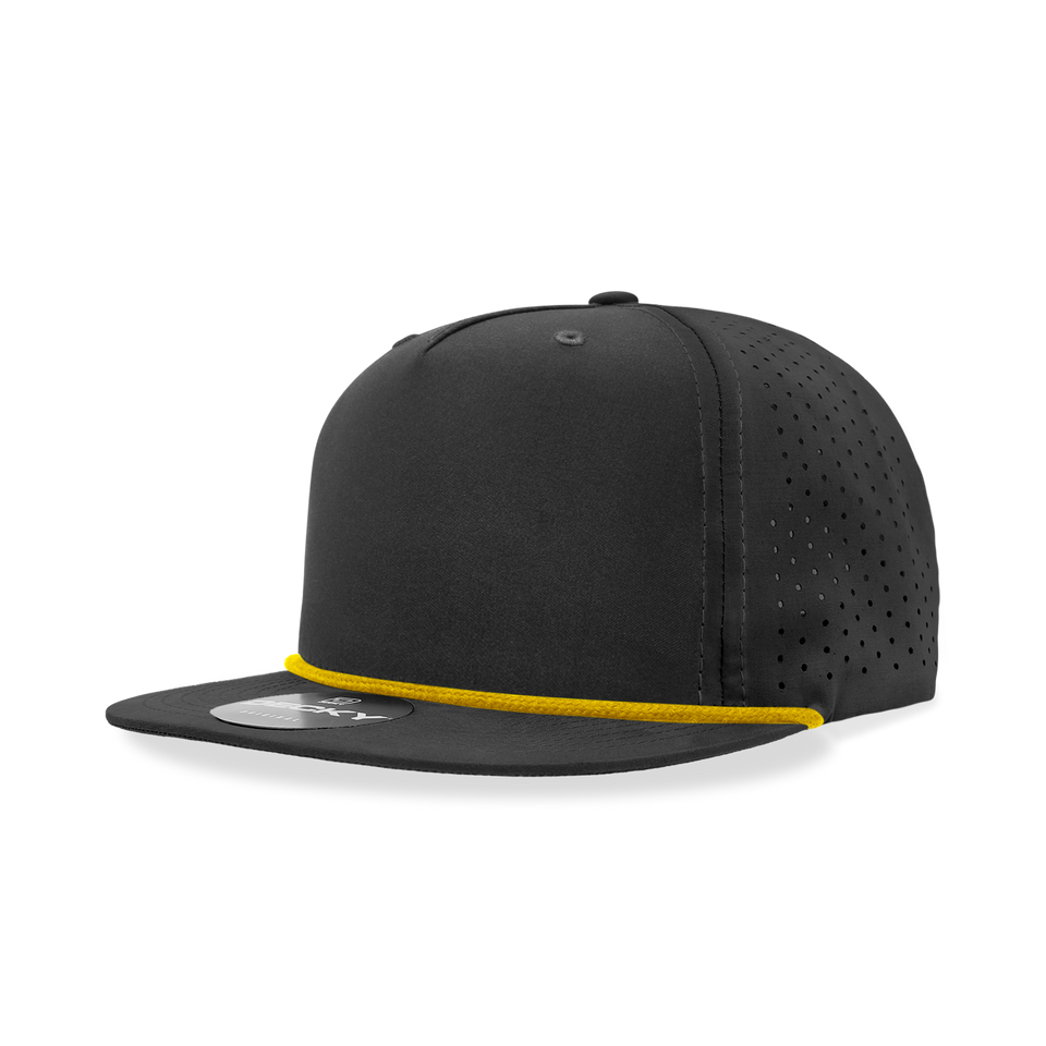 A black hat with a yellow rope around the brim