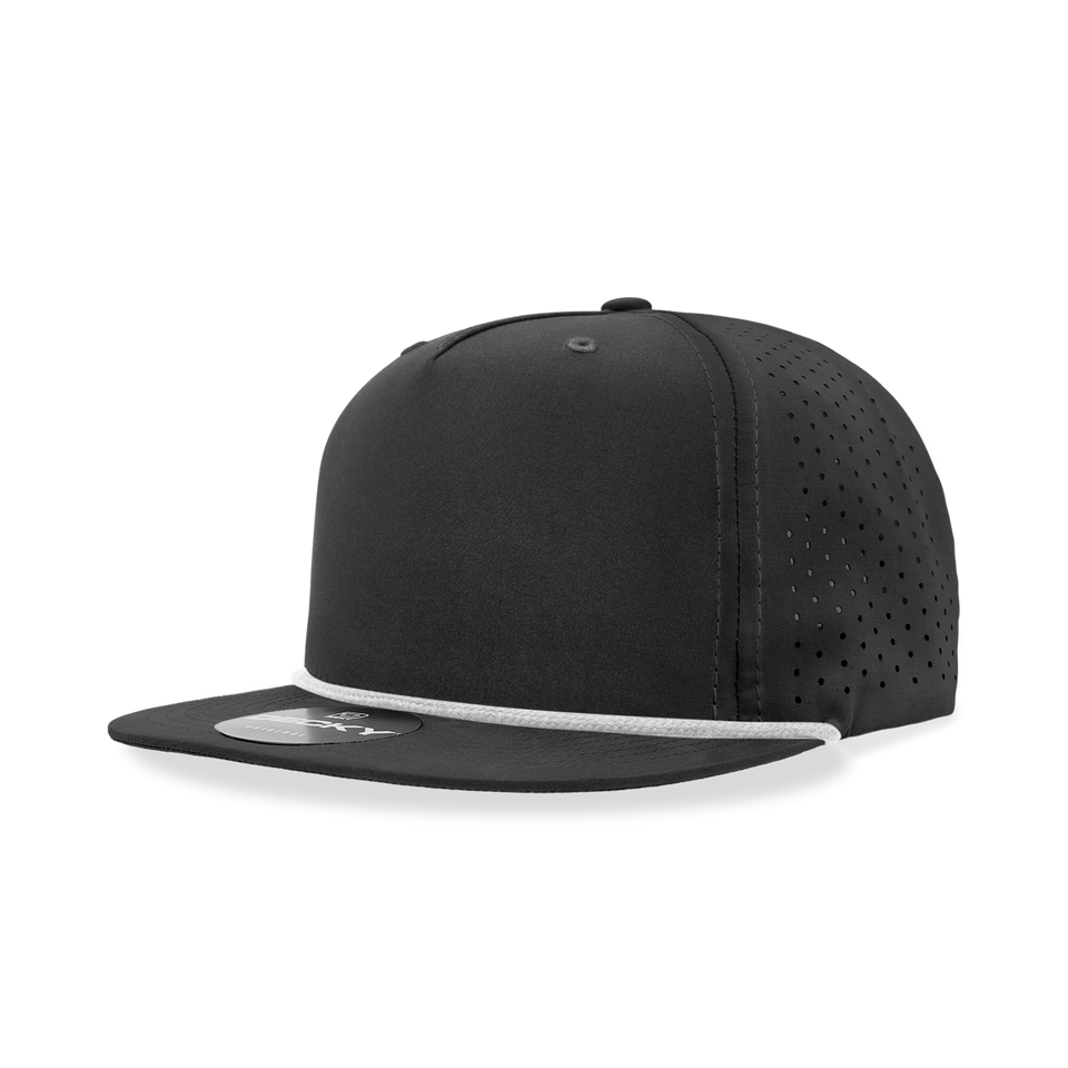 A black baseball cap with a white rope around the brim