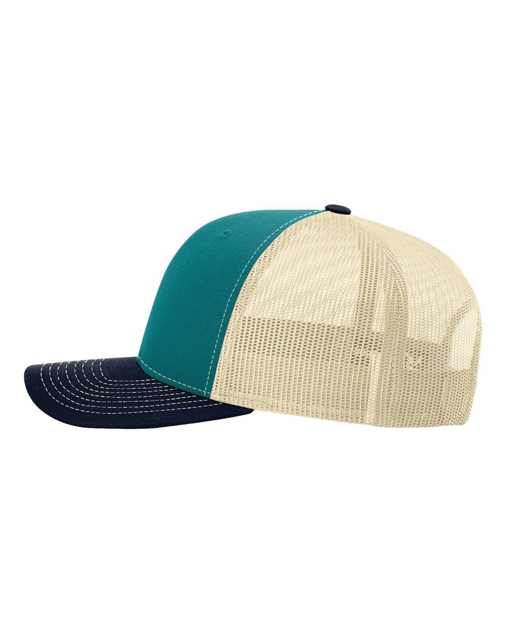 A baseball cap with a blue and white stripe on the side.