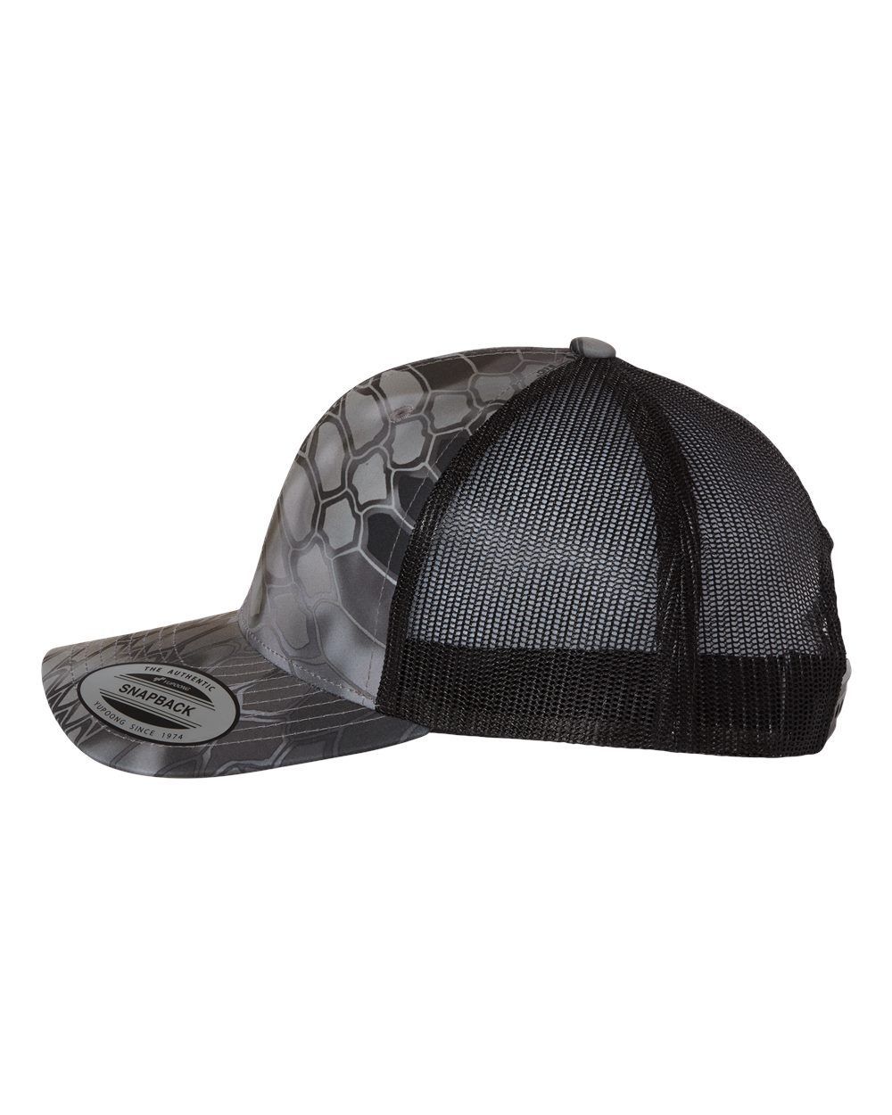 A black and gray baseball cap with a mesh back on a white background.