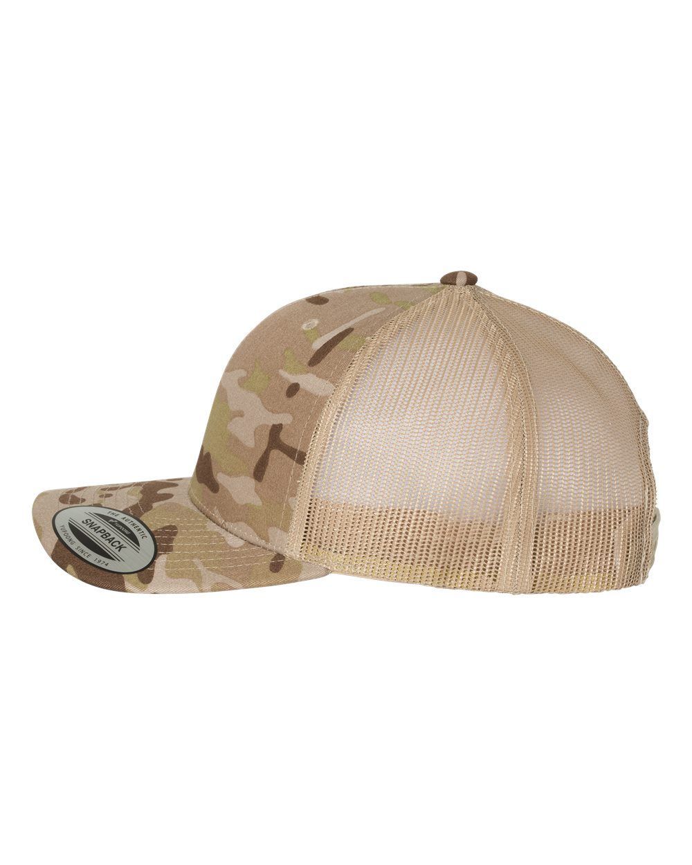 A baseball cap with a camouflage pattern and a mesh back.