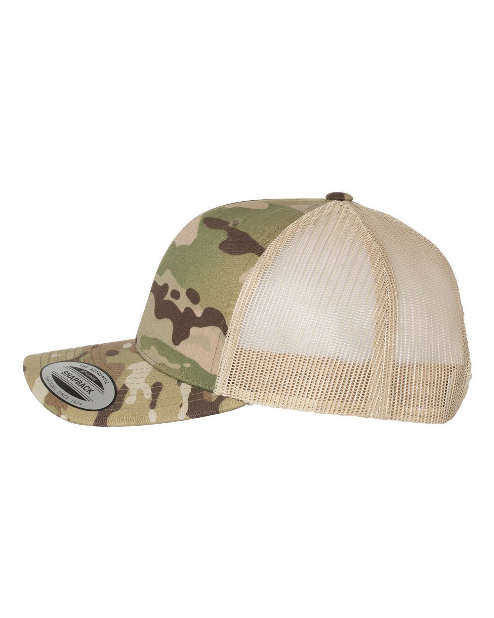 A camouflage trucker hat with a white mesh back on a white background.