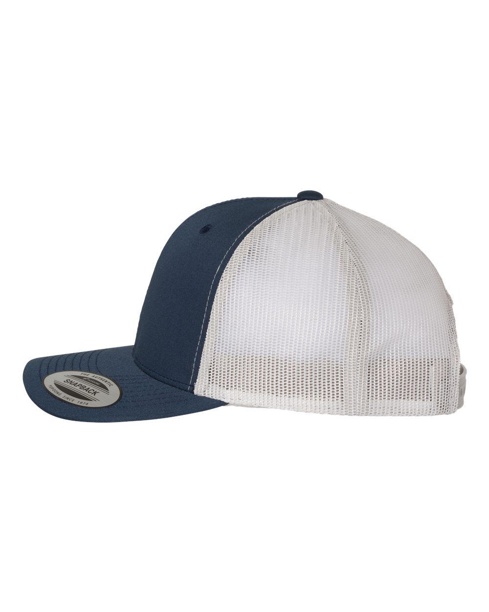 A blue and white trucker hat with a mesh back on a white background.