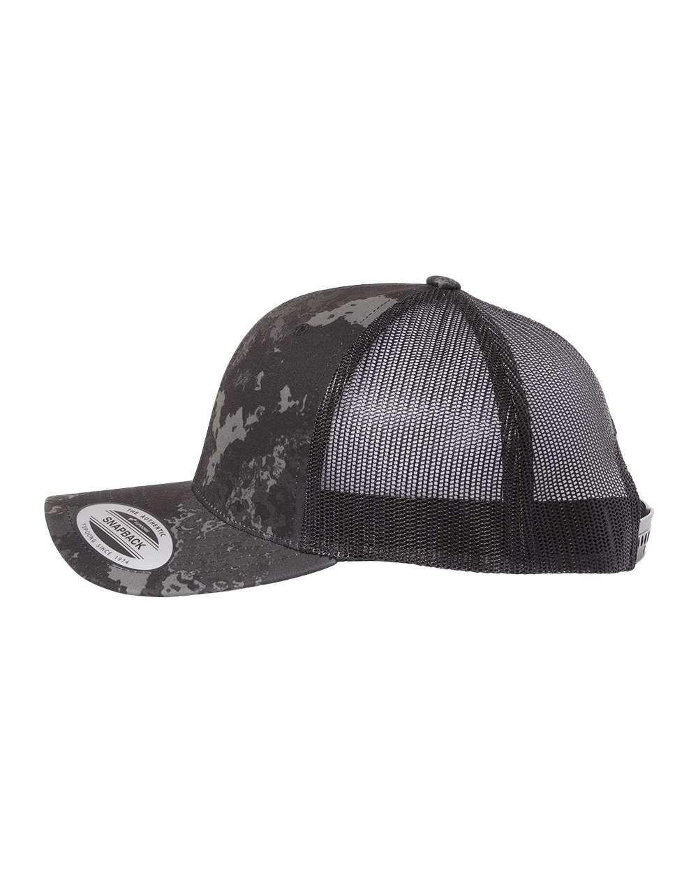A black trucker hat with a mesh back on a white background.