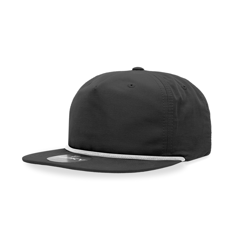 A black hat with a white rope around the brim on a white background.