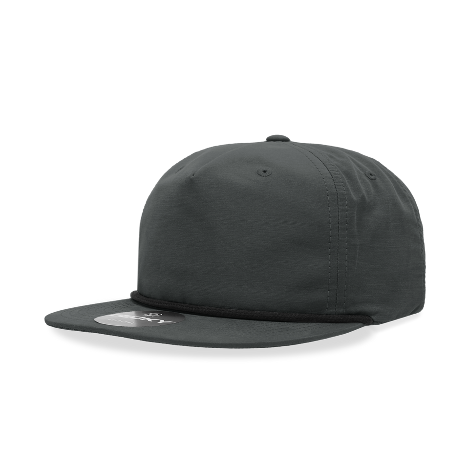 A black baseball cap with a rope around the brim on a white background.