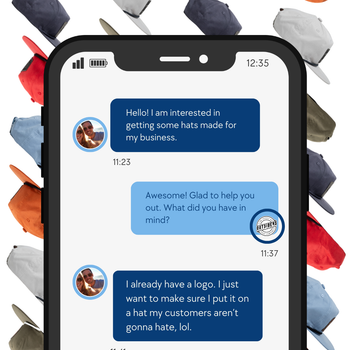 A cell phone featuring a conversation between Outsiders Supply Company and a customer ordering custom leather patch hats.