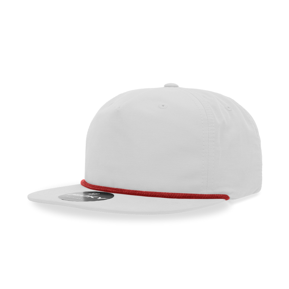 A white baseball cap with a red rope around the brim.