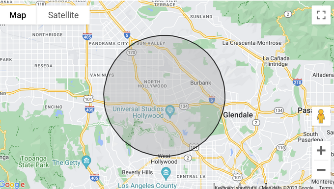 Google map of 5-mile radius around North Hollywood, California laundromat location.