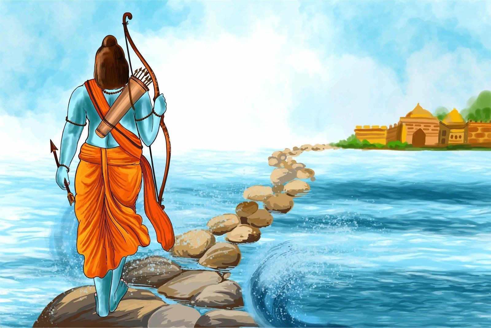 Artwork of Rama at the ocean bridge from the Light of the Ramayana zone