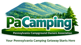 Logo for Pennsylvania Campground Owners Association with mountain, tree, and 
