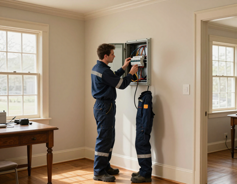 Electrician installing a circuit breaker panel in a New England home