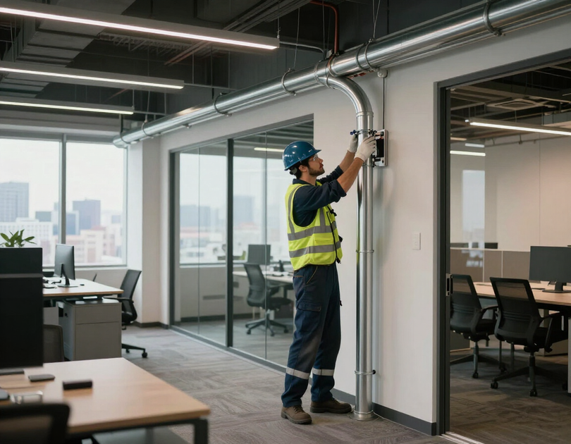 Commercial electrician running conduit in a modern office fit-out