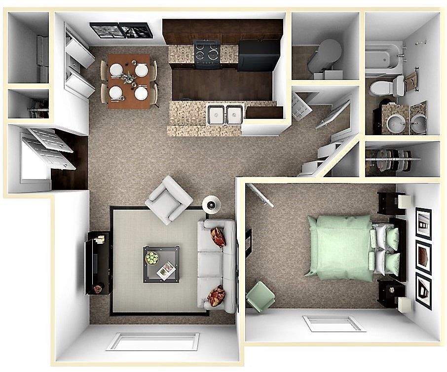 Top-down view of a small apartment floor plan with kitchen, living room, bedroom, bath, and dining area.