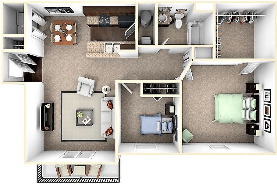 Top-down floor plan of a modern apartment with living room, kitchen, bedrooms, and bathroom.