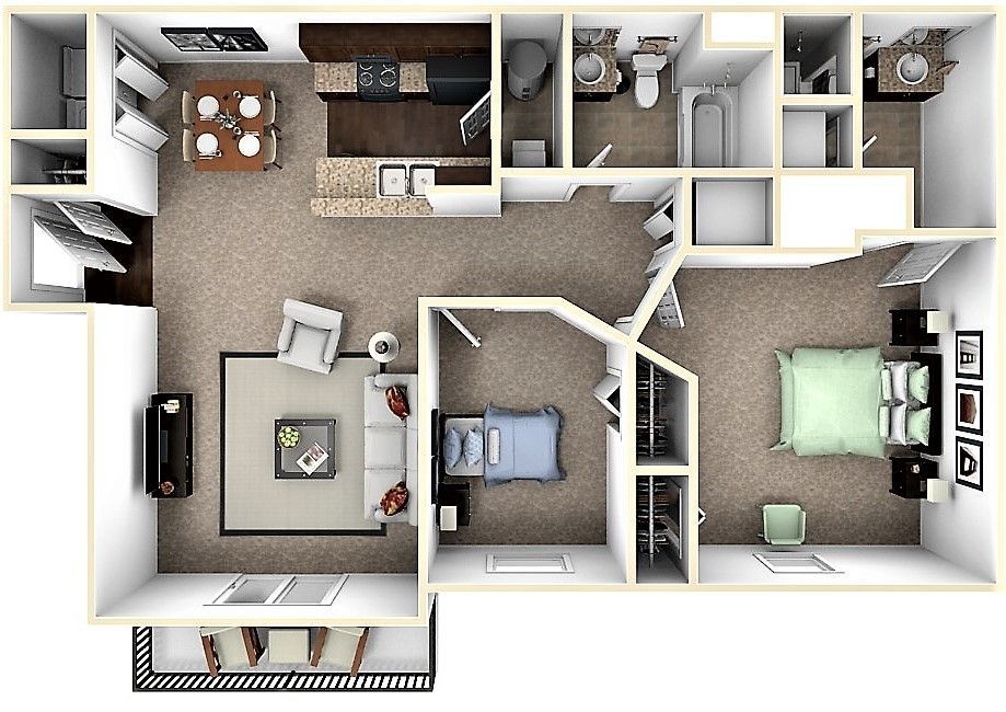 Top-down view of a small apartment floor plan with living room, kitchen, bathroom, and bedrooms.