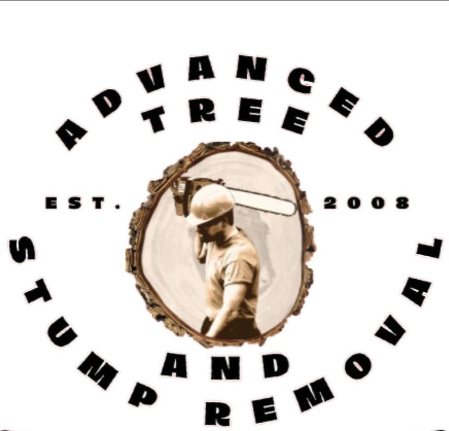 Advanced Tree and Stump Removal logo with worker and tree stump, est. 2008.
