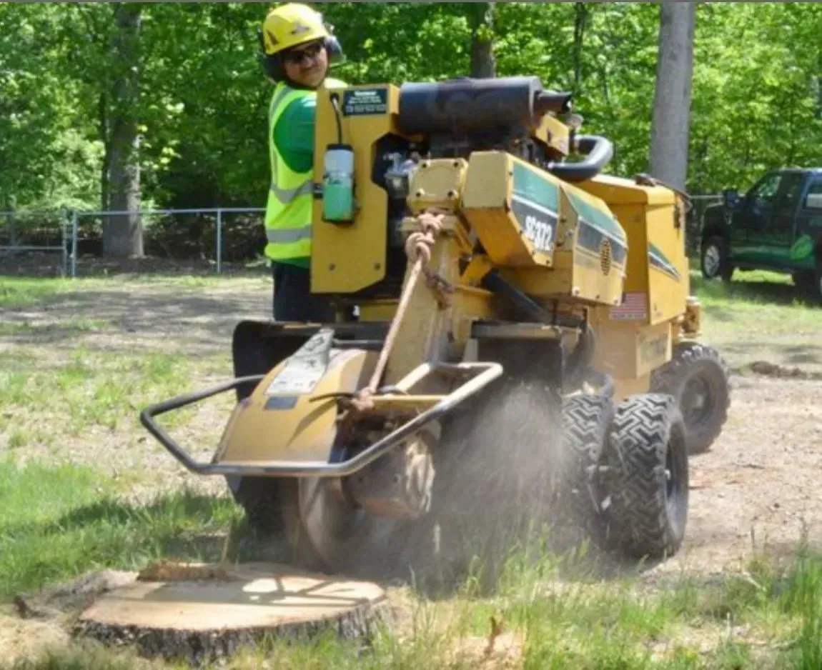 Worker in a yellow excavator clearing dirt in a grassy outdoor area, with dust kicking up.