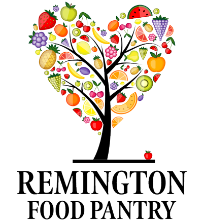 The remington food pantry logo has a heart shaped tree made of fruits and vegetables.