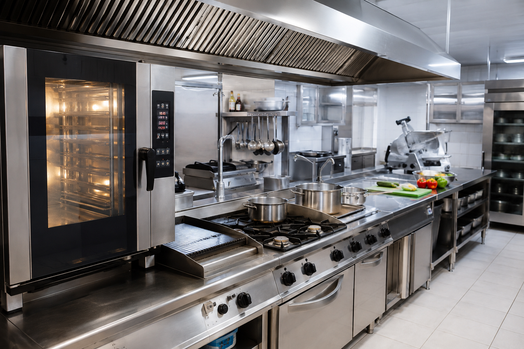 Cucina professionale in acciaio inox con forni, piano cottura, banconi di lavoro e cappa aspirante.