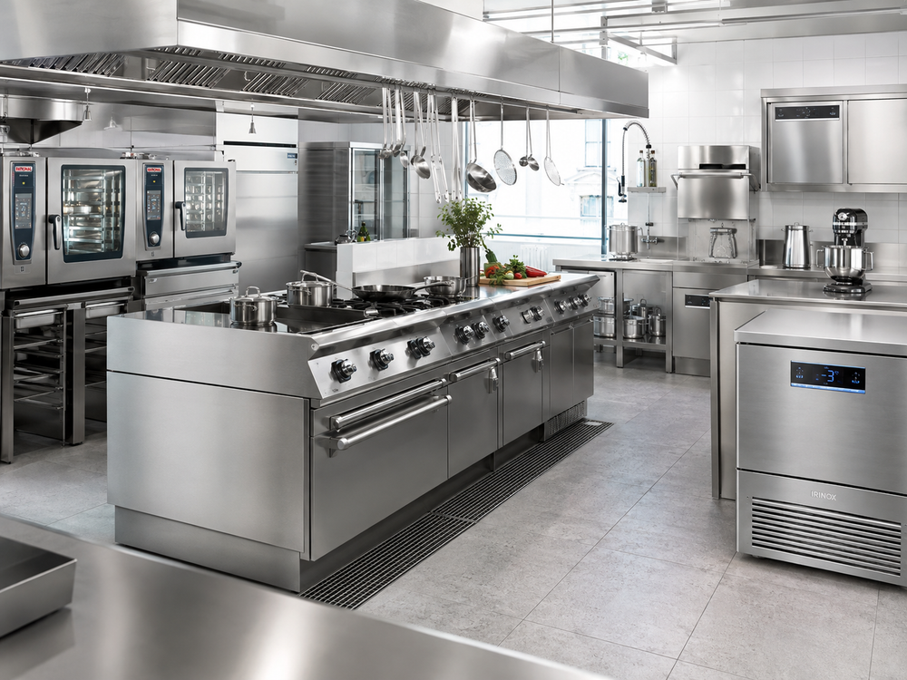 Cucina professionale moderna in acciaio inox con forni, piani cottura, tavoli da lavoro ed elettrodomestici.